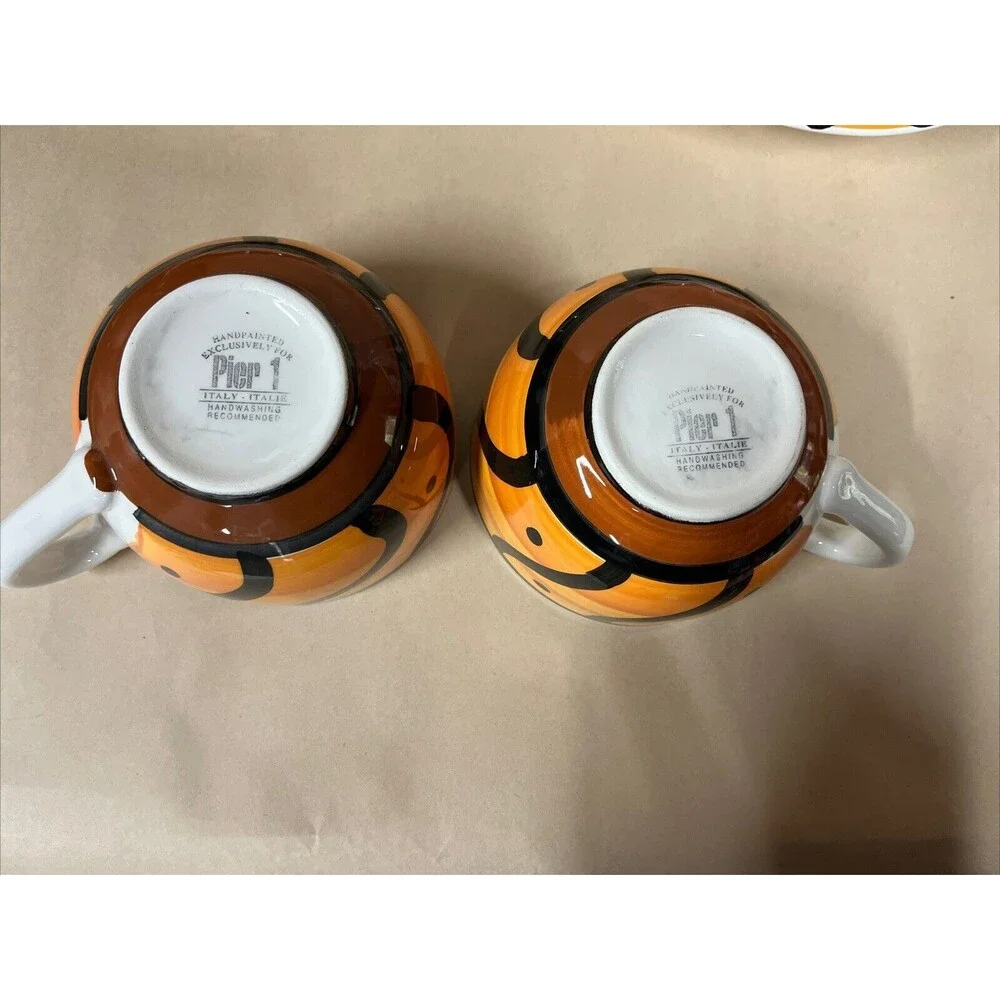 Set of ‎ 4 Pier 1 Hand Painted ITALY Orange Black Soup Bowls & Extra Big Mugs